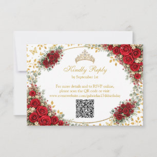 Cartão RSVP Elegantes Rosas Vermelhas Borboletas Douradas Quin