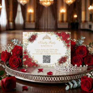 Cartão RSVP Elegantes Rosas Vermelhas Borboletas Douradas Quin