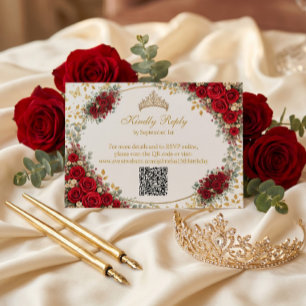 Cartão RSVP Elegantes Rosas Vermelhas Borboletas Douradas Quin