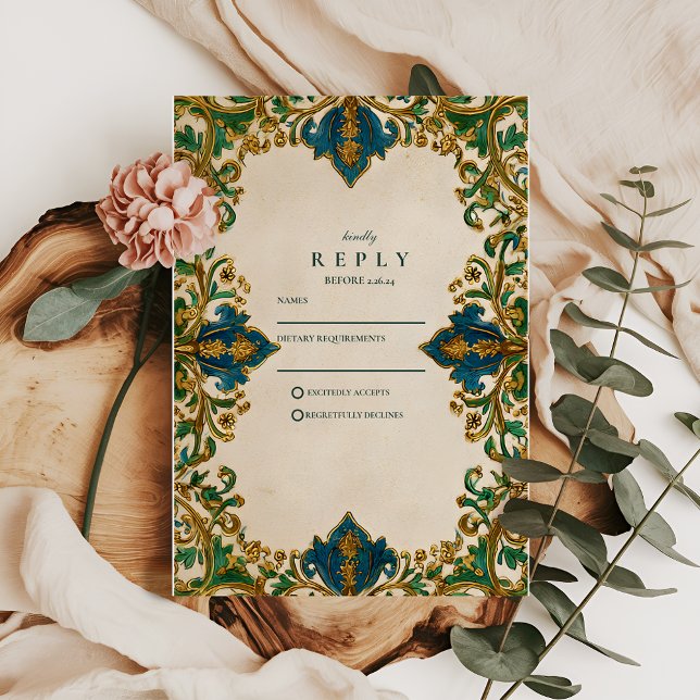 Cartão RSVP Emerald Baroque Islamic Wedding (Criador carregado)