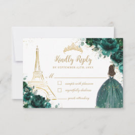 Cartão RSVP Emerald Floral Dourada Paris Princesa Quinceañera