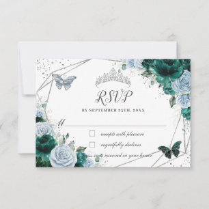 Cartão RSVP Emerald Green Baby Blue Floral Silver Quinceañera