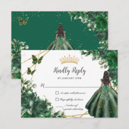 Cartão RSVP Emerald Green Butterflies Princess Quinceañera
