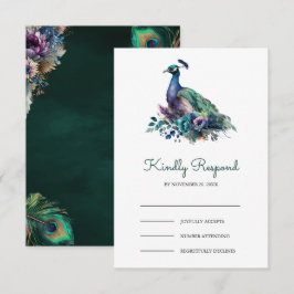 Cartão RSVP Emerald Green Floral Peacock Wedding