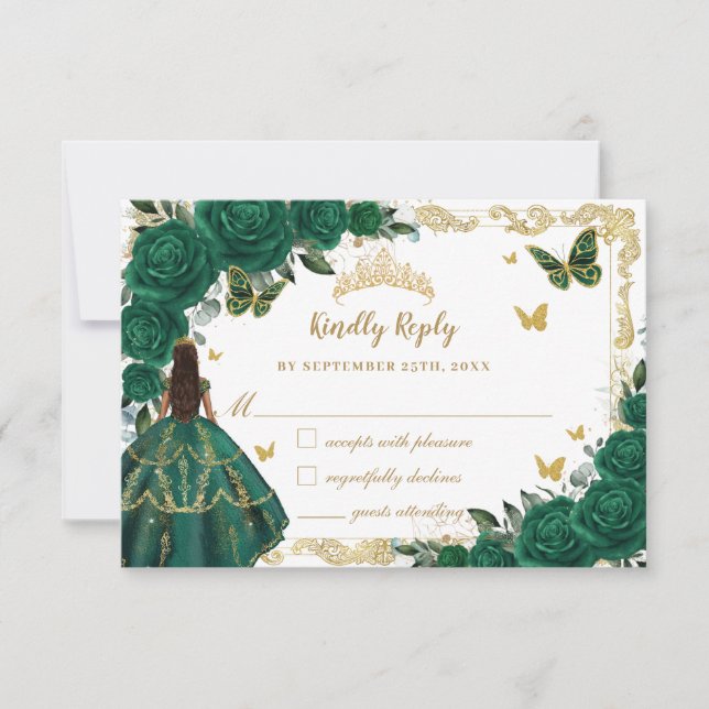 Cartão RSVP Emerald Green Floral Quinceañera Brown Princess (Frente)