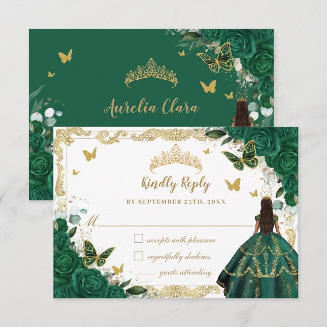 Cartão RSVP Emerald Green Floral Quinceañera Princess Crown (Frente/Verso)