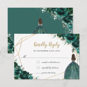 Cartão RSVP Emerald Green Floral Quinceañera Princess Reply