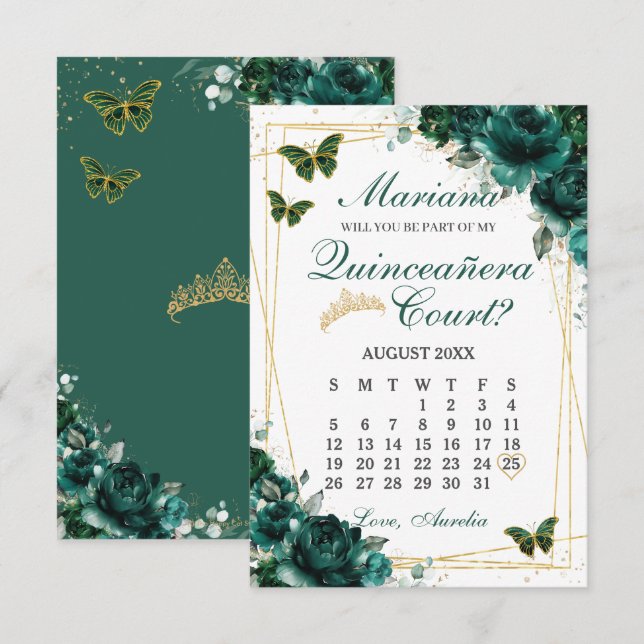 Cartão RSVP Emerald Green Quinceanera Court Proposal Card (Frente/Verso)