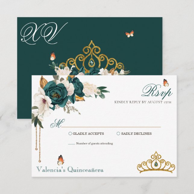 Cartão RSVP Emerald Green Rosas Dourados Tiara Quinceanera (Frente/Verso)