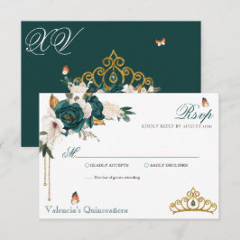 Cartão RSVP Emerald Green Rosas Dourados Tiara Quinceanera