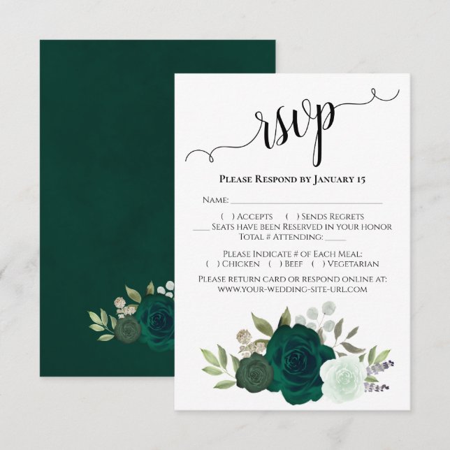 Cartão RSVP Emerald Green - Rosas Elegante Boho Chic Wedding (Frente/Verso)