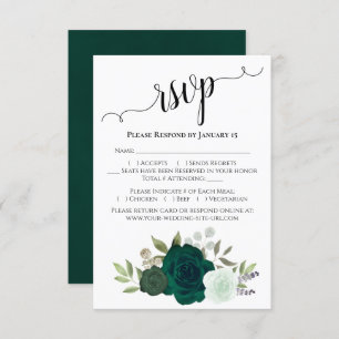 Cartão RSVP Emerald Green - Rosas Elegante Boho Chic Wedding