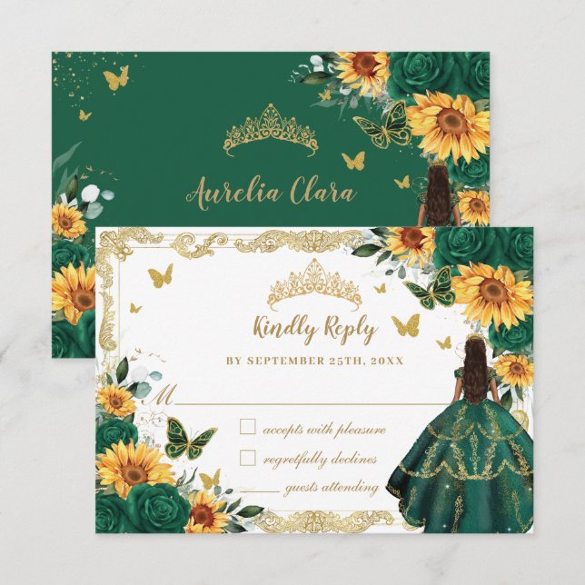 Cartão RSVP Emerald Green Sunflower Floral Quinceañera (Frente/Verso)