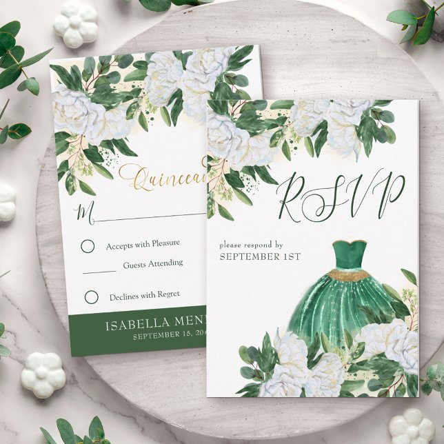Cartão RSVP Emerald Greenery White Peony Quinceanera Princess (Quinceanera Princess RSVP response card from my Emerald Greenery and White Peony Collection)