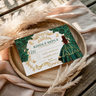 Cartão RSVP Emerald Verde Ouro Princesa Quinceanera
