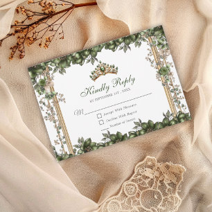 Cartão RSVP Emerald Verde Tiara Floral Quinceañera