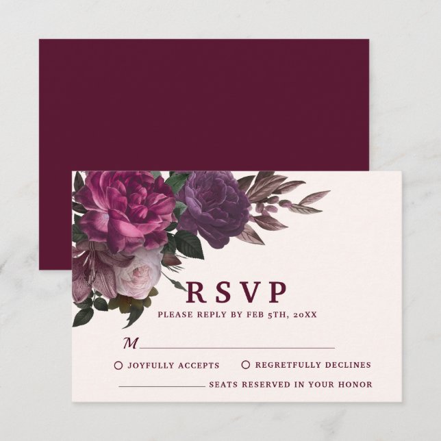 Cartão RSVP Encantando Burgundy e Casamento no inverno Floral  (Frente/Verso)