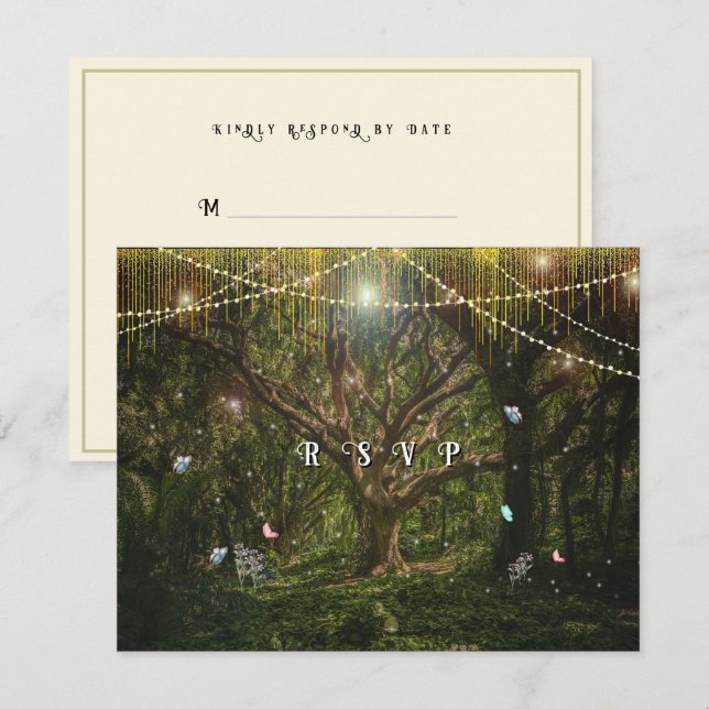 Cartão RSVP Enchanted Forest Butterflies Gold Lights (Frente/Verso)
