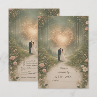 Cartão RSVP Enchanted Medieval Heart Forest Romantic Wedding