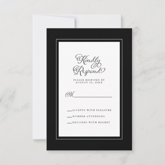 Cartão RSVP Enclausura de Casamento Elegante Preto e Branco (Frente)