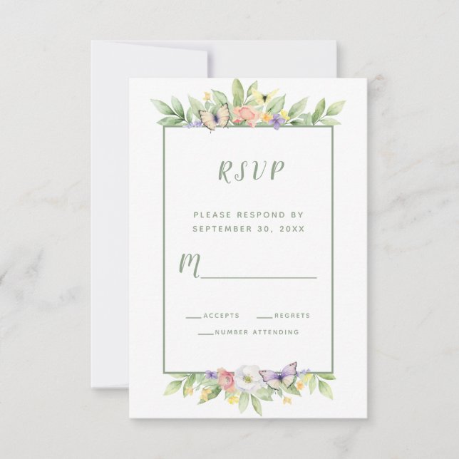 Cartão RSVP Envelope de casamento com borboletas florais em aq (Frente)