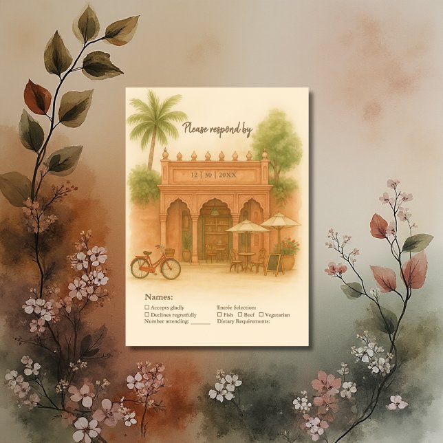 Cartão RSVP Escape do casamento de destino do pátio índio (Criador carregado)