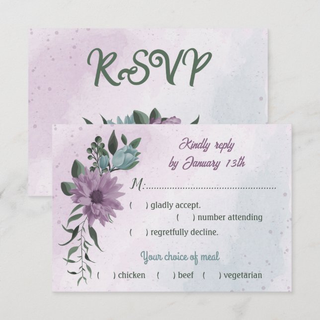 Cartão RSVP escolha da farinha botânica de flores azuis roxas (Frente/Verso)