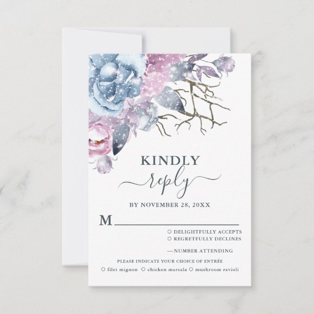 Cartão RSVP Escolha da Refeição da Neve Floral do casamento no (Frente)
