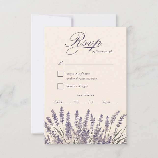 Cartão RSVP Escolha das Refeições de Casamento de Lavanda Roxo (Frente)