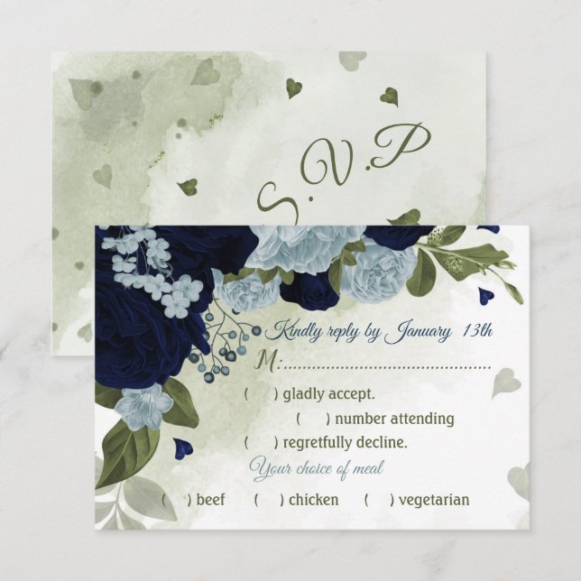 Cartão RSVP Escolha de farinha azul de flores, poeirenta, com  (Frente/Verso)