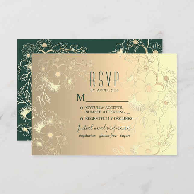 Cartão RSVP Escolha de Refeição de Casamento Dourado (Frente/Verso)