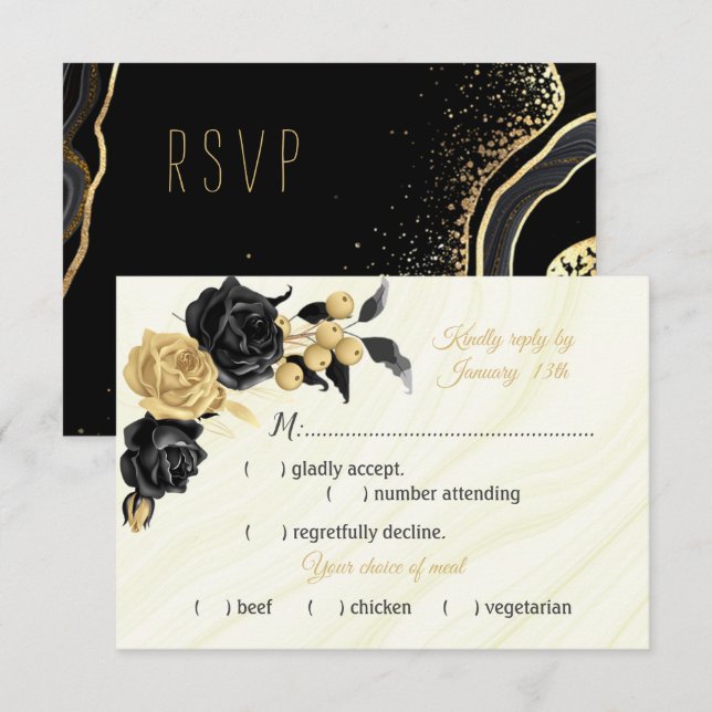 Cartão RSVP escolha de refeição de flores pretas e douradas (Frente/Verso)