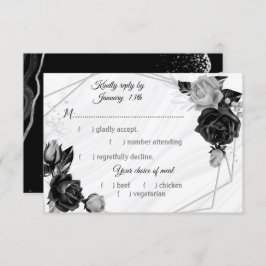 Cartão RSVP escolha de refeição de flores pretas e prateadas