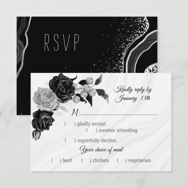 Cartão RSVP escolha de refeição de flores pretas e prateadas (Frente/Verso)