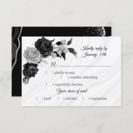 Cartão RSVP escolha de refeição de flores pretas e prateadas