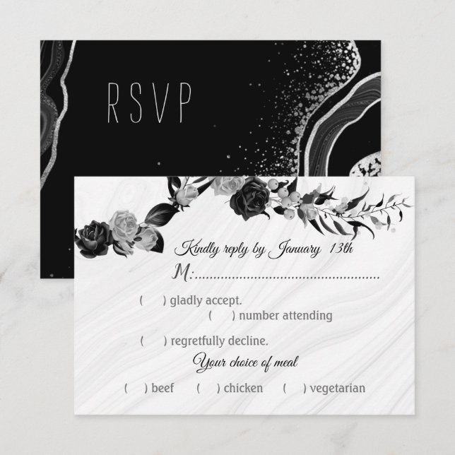Cartão RSVP escolha de refeição de flores pretas e prateadas (Frente/Verso)
