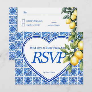 Cartão RSVP 💙🍋Escolha de refeição + QR Azul & Limone Romance