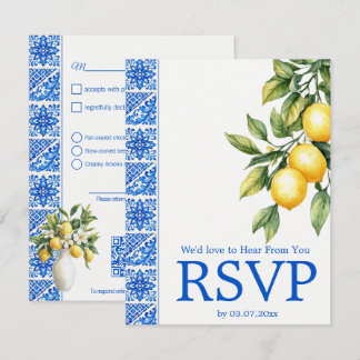 Cartão RSVP 💙🍋Escolha de refeição + QR Azul & Limone Romance