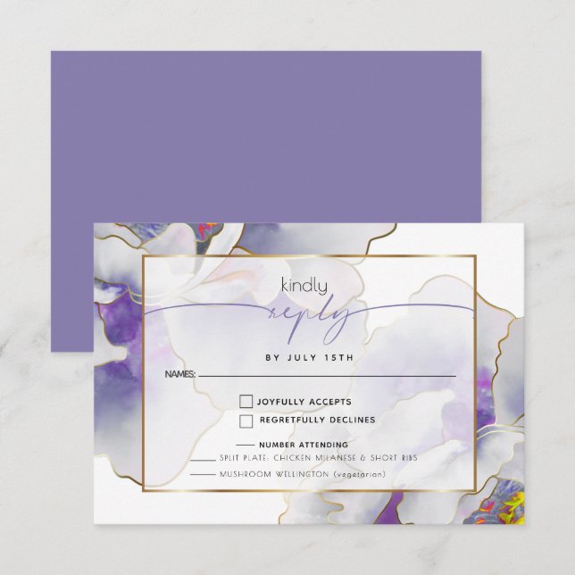 Cartão RSVP Escolha de Refeições Florais Exóticas Roxas (Frente/Verso)
