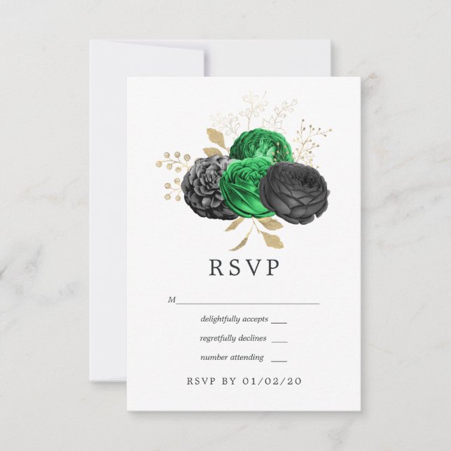 Cartão RSVP Esmeralda Escura e Casamento Floral Dourado (Frente)