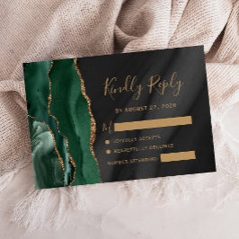 Cartão RSVP Esmeralda Verde Dourado Preto Aquarela Ágata Casam