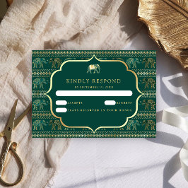 Cartão RSVP Esmeralda Verde e Elefante Dourado Casamento India
