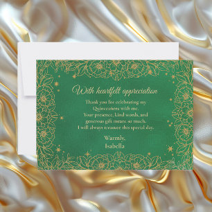 Cartão RSVP Esmeralda Verde Linha Áurea Arte Floral Quinceañer
