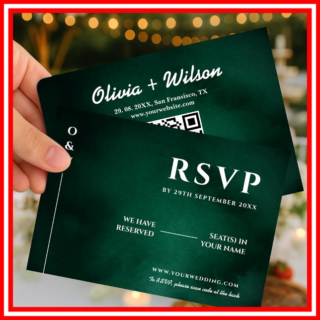Cartão RSVP Esmeralda Verde | QR de Casamento (Criador carregado)