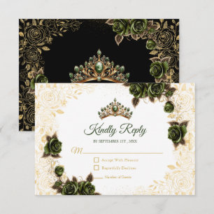 Cartão RSVP Esmeralda Verde Tiara Dourada Floral Rosa Quinceañ