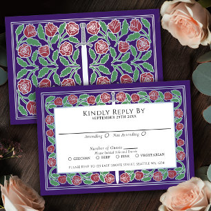 Cartão RSVP Espada Floral Prateada Medieval Roxa Casamento Rea