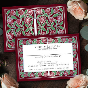 Cartão RSVP Espada Floral Prateada Medieval Vermelha Casamento
