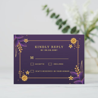 Cartão RSVP Estética Floral Roxa e Dourada para Casamento