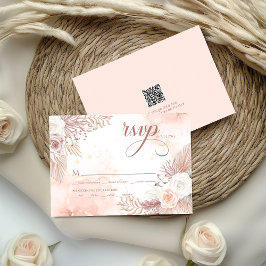 Cartão RSVP Estilo Boho Elegante Código QR Floral Rosa