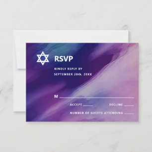 Cartão RSVP Estrela Azul Roxa Moderna David Bar Mitzvah Hebrai